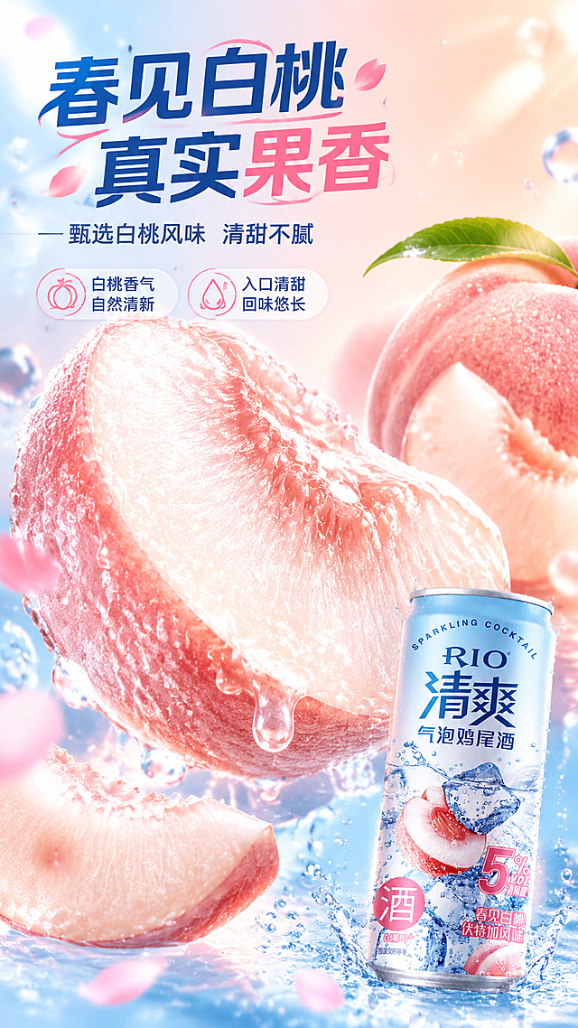[商品] 使用【图1】RIO清爽气泡鸡尾酒春见白桃风味罐装产品；保留罐体全部结构、颜色、Logo、文字和图案，清晰完整；产品作为辅助元素放在画面一角。
[画面] 第5张-原料风味页，目标：突出春见白桃真实果香。竖版构图，主视觉是超大的新鲜白桃果肉特写，占画面约60%，果肉饱满多汁，有晶莹的水珠和细腻的果肉纹理，旁边有完整的白桃和切开的白桃瓣；产品罐放在右下角，占画面约20%；背景是淡粉色到浅橙的渐变，有柔和的光斑和果香氛围感的光晕；整体果香浓郁，真实诱人。
[视觉] 套系策略：风格=清新冰爽商业摄影风+轻3D质感；标题字=现代无衬线粗体大字；正文字=简洁无衬线体；主色=冰蓝+水蜜桃粉渐变；背景延展=基于冰蓝和蜜桃粉做深浅渐变、水光质感、透明气泡层；强调色=白色+浅粉，仅用于小面积图标、引线和标签；标题色=深蓝+粉色点缀；正文色=深灰蓝；组件=圆角半透明信息卡、细线引线、气泡装饰元素；光影=前侧柔光+冰蓝色轮廓光，通透清凉。
[文字] 左上主标题"春见白桃 真实果香"，副标题"甄选白桃风味 清甜不腻"，下方2个卖点："白桃香气自然清新"、"入口清甜 回味悠长"；文字横向排版，不遮挡白桃主视觉。
[规格] 图片比例9:16竖版，4K，负向提示：避免白桃失真、颜色偏差、暗黑色调、竖排文字、斜排文字、产品遮挡主体。