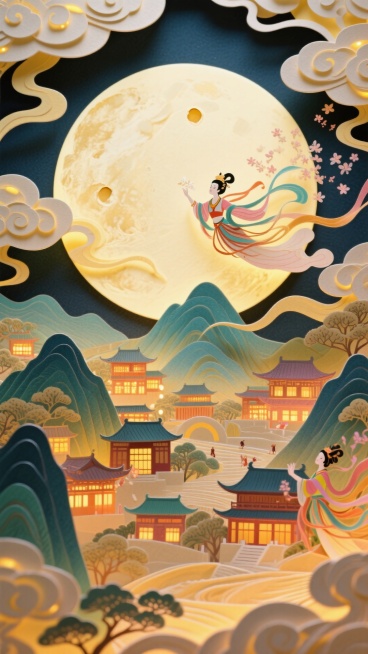 纸雕艺术 | 嫦娥奔月，天女散花。一轮巨大的圆月为占据画面中心的特写，底部以工笔风格呈现出全景的山峦叠嶂间呈现古今建筑里万家灯火渐变温暖的光影，祥云装饰，预览效果