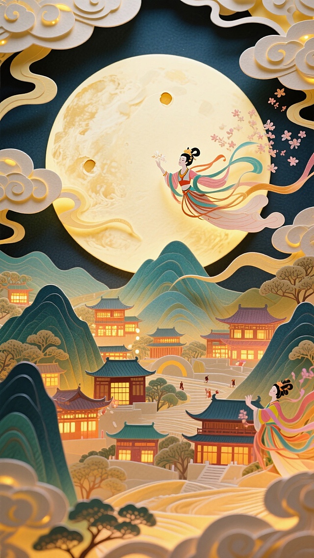 梦幻撕纸风插画，融合中式古典与国潮元素，嫦娥飞天映月，山川楼阁层叠，光影交织，尽显中秋浪漫与唯美感。