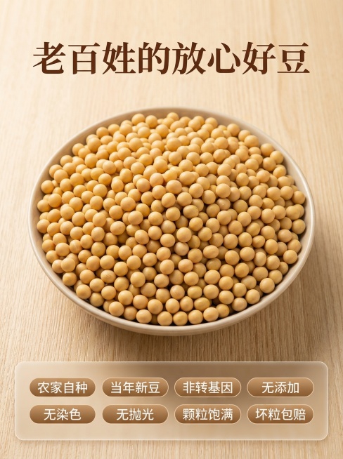 [主图主题] 品质承诺 放心选购
[氛围/风格] 简洁高级，信任背书
[画面元素] 画面主体是整碗优质完整黄豆颗粒铺开，干净质朴的浅木色背景，整体简洁干净，底部设置半透明悬浮条排列所有服务承诺，整体保预览效果