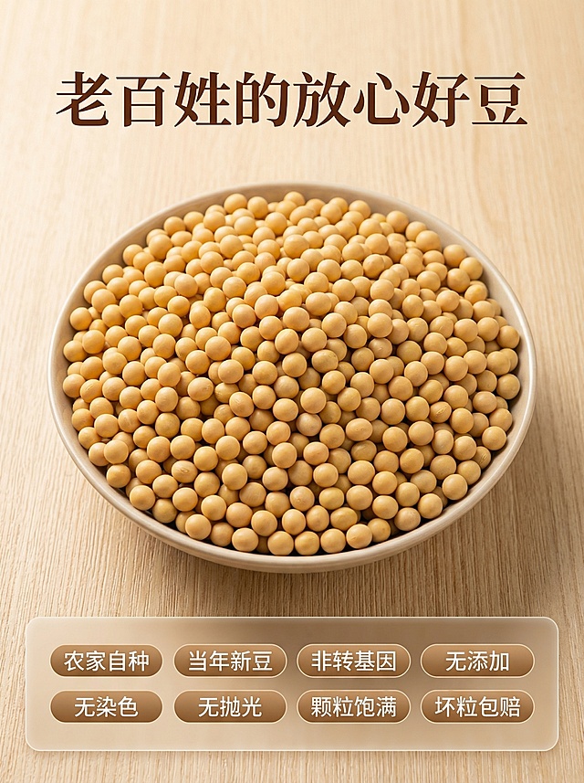 [主图主题] 品质承诺 放心选购
[氛围/风格] 简洁高级，信任背书
[画面元素] 画面主体是整碗优质完整黄豆颗粒铺开，干净质朴的浅木色背景，整体简洁干净，底部设置半透明悬浮条排列所有服务承诺，整体保持统一的暖调自然光，突出放心品质
[配色色系] 主色调：米黄豆黄，浅木色背景，深棕色文字，简洁和谐
[视角构图] 主体黄豆占据画面中上部，底部预留空间放置承诺文案，构图均衡稳定
[文字版式] 主标题“老百姓的放心好豆”，底部横向排列八个服务亮点标签：“农家自种 / 当年新豆 / 非转基因 / 无添加 / 无染色 / 无抛光 / 颗粒饱满 / 坏粒包赔”，标签采用极简浅棕色胶囊设计，文字为白色，横向均匀排列，不遮挡主体黄豆，符合构图规范
[比例分辨率] 3:4比例，2k分辨率