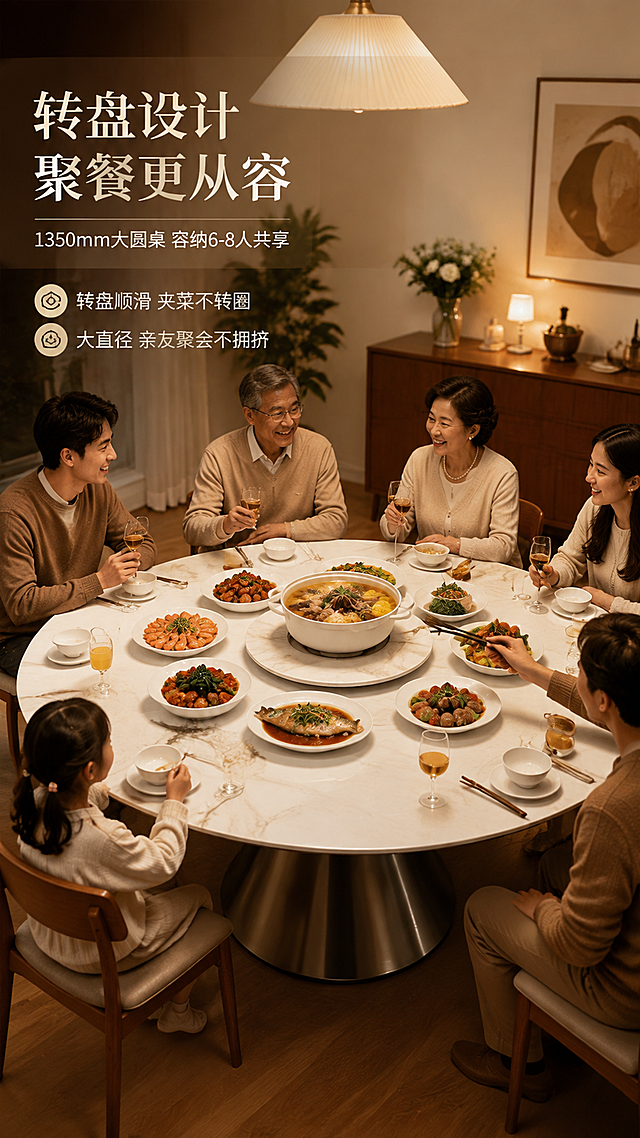 [第5张] 使用场景页-家庭聚餐转盘使用态。本张使用【图1】作为产品主体，桌面岩板替换为新芬迪白花色（白底带灰色脉络纹理），展示家庭聚餐使用场景。
[氛围/风格] 温馨生活方式风，暖调家庭聚餐氛围，真实有温度，商业摄影质感。
[元素布局] 场景满铺版式：餐桌置于画面中心，占比约50%；桌上摆满丰盛菜肴、碗筷、酒杯，转盘上放置主菜汤锅，一只手正在转动转盘夹菜（人物手部+部分手臂入镜）；背景为温馨餐厅场景——暖光吊灯、浅米色墙面、木质餐边柜、装饰画、绿植；地面为暖木色地板；整体营造6人家庭聚餐的热闹温馨感。产品圆形结构、转盘、锥形底座与输入图一致，台面为新芬迪白花色。
[光影质感] 顶部暖光吊灯为主光源，四周环境光柔和，桌面有暖光反射，食物色泽诱人，整体暖调温馨，阴影柔和自然。
[配色色系] 全局底色 #F7F2EB（暖米杏）；主色 新芬迪白岩板+灰钛底座；辅助色 暖木色+米白墙面；点缀色 食物丰富色彩+暖黄光。
[视角构图] 45°斜侧俯视，餐桌为画面中心，人物手部互动增加生活感，阅读动线从餐桌主体→转盘互动→四周环境。
[文字版式] 左上压暗角区域放文案：主标题「转盘设计 聚餐更从容」，副标题「1350mm大圆桌 容纳6-8人共享」，下方2条卖点「转盘顺滑 夹菜不转圈」「大直径 亲友聚会不拥挤」；文字半透明底衬托，不遮挡餐桌主体。
[比例分辨率] 9:16 竖版比例，4K分辨率，文字清晰可辨，高清画质。
[负向提示词] 桌面变形，转盘缺失，颜色偏差，水印，文字错乱，人物畸形，食物失真。