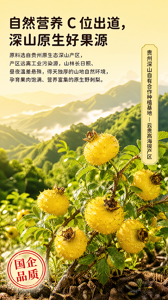 「图片1」，生成详情页，商品名称为NFC野刺梨汁，适配淘宝/天猫平台，单图比例为9:16，需求屏数为8张。「图片1」「图片1」「图片1」野刺梨原汁详情长图｜优化修订版（全暖黄色系 + 贵州产地 + 全板块加盖国企品质印章）
整体规范：全图全程只用暖黄 / 奶黄渐变色系，彻底剔除浅棕、大地色系；页面最顶部通栏固定标语「陕药兴佳 × 厚珍万物｜国企联名・药食同源 NFC 原汁」；所有独立板块任意一角统一点缀红色简约「国企品质」印章图标；全文删除所有 “秦岭” 字样，野刺梨原料统一标注为贵州深山原产，保留原版国潮手绘 + 鲜果实拍版式，从上至下 9 大板块：
板块 1：首屏主 Banner（头图｜边角加盖「国企品质」印章）
画面描述：纯暖黄色竖条纹渐变背景，画面顶端左右并列双品牌标识「陕药兴佳国企 LOGO + 厚珍万物品牌标」；视觉 C 位立体摆放 2 瓶玻璃瓶装野刺梨原汁 + 整箱产品礼盒，周边散落带枝带刺的贵州新鲜野刺梨鲜果，角落替换文案：贵州深山原生刺梨 IP・健康果汁理念。
文案内容
顶部通栏：陕药集团旗下国企｜陕药兴佳 × 厚珍万物 联合研发出品
主标题：原生高 VC 野刺梨原汁
副标题小字：NFC 非浓缩鲜榨 | 0 蔗糖・0 加水・0 防腐剂
板块 2：国企品质信任背书区（新增核心信任板块｜边角加盖「国企品质」印章）
画面描述：柔和奶黄色底色，左侧简约国风国企徽章图形，中间嵌入贵州野刺梨合作种植基地实景实拍小图，右下角搭配小字印章：陕药医药级品控。
文案内容
标题：国企匠心联名，医药级全链路品控
正文：陕西医药控股集团旗下兴佳医药健康产业有限公司，与厚珍万物达成深度战略合作；依托陕药集团成熟医药研发体系、严苛药品级质检标准，从贵州鲜果采购、进厂原料筛查到灌装成品，全流程标准化管控，从源头守住果汁安全底线。
板块 3：原料产区板块（优化产地｜边角加盖「国企品质」印章）
画面描述：暖黄底色搭配高清贵州云贵深山实景图，近处挂满金黄鲜果的野刺梨枝条扎根泥土，画面侧边标签：贵州深山自有合作种植基地｜云贵高海拔产区。
文案内容
标题：自然营养 C 位出道，深山原生好果源
正文：原料选自贵州原生态深山产区，产区远离工业污染源，山林长日照、昼夜温差悬殊，得天独厚的山地自然环境，孕育果肉饱满、营养富集的原生野刺梨。
板块 4：VC 含量数据对比板块（沿用原版版式｜边角加盖「国企品质」印章）
画面描述：暖黄底色，单瓶刺梨原汁居中实拍，四周环绕带花带果的新鲜刺梨枝；下方 6 宫格鲜果对比卡片，分别搭配猕猴桃、山楂、柑橘、菠萝、柠檬、苹果实物配图，标注维 C 倍数。
文案内容
标题：VC 含量超乎想象，天然食补实力派
正文：小小野刺梨蕴藏海量维 C；每 100g 刺梨维 C 含量≈猕猴桃 25 倍、山楂 25.5 倍、柑橘 25.5 倍、菠萝 95 倍、柠檬 100 倍、苹果 500 倍，日常一瓶轻松补充人体每日所需维生素 C。
板块 5：多维复合营养板块（保留营养特效｜边角加盖「国企品质」印章）
画面描述：暖黄底色，通透金黄果汁泼溅特效，散落刺梨果肉碎，画面悬浮圆形营养图标：VC、SOD 活性酶、黄酮、VP、膳食纤维、钙铁锌矿物质。
文案内容
标题：不止高 VC，集齐自然馈赠多重营养
正文：贵州原生野刺梨天然富含维 C、SOD 超氧化物歧化酶、植物黄酮、VP、膳食纤维以及磷、钙、铁、锌、多种人体必需氨基酸，多重营养协同，温和日常食补。
板块 6：0 添加配方承诺板块（配方不变｜边角加盖「国企品质」印章）
画面描述：暖黄底色，透明玻璃杯盛满刺梨原汁，带刺鲜果枝横穿画面，画面中间巨型艺术字「0 添加」，横向 4 个图标分项：0 添加蔗糖、0 添加色素、0 额外加水、0 添加防腐剂，右下角加盖陕药品控小印章。
文案内容
标题：严选枝头鲜果，拒绝多余添加剂
正文：配料极简纯粹，仅野刺梨原汁 + 少量苹果原汁调和口感；无蔗糖、无色素、无勾兑水、无防腐剂，经陕药联合送检筛查，配方透明可溯源。
板块 7：原生口感 + 多元化饮用方案（饮用场景｜边角加盖「国企品质」印章）
画面描述：暖黄底色，侧躺摆放原汁玻璃瓶，果汁缓缓流淌，下方三等分饮用示意图：温水勾兑、加蜂蜜、加冰糖。
文案内容
标题：自然原生酸涩本味，多种喝法随心调
正文：保留野刺梨天然有机酸自带的原生酸涩口感；偏爱柔和口味，可搭配温水、蜂蜜、冰糖稀释饮用，适配早餐佐餐、办公补水、下午茶、节日送礼全场景。
板块 8：NFC 低温锁鲜工艺板块（手绘工艺｜边角加盖「国企品质」印章）
画面描述：暖黄底色，国潮黑白线稿分步插画，依次展示五大工序：鲜果采摘→清水清洗→低温鲜榨→巴氏灭菌→无菌灌装，插画旁搭配产品实拍瓶身。
文案内容
标题：NFC 低温鲜榨工艺，锁住鲜果原生风味
正文：采用 NFC 非浓缩还原工艺搭配巴氏低温灭菌技术，贵州鲜果采摘后短时间入厂压榨，不浓缩、不兑水，玻璃瓶密封锁鲜，最大程度留存野刺梨鲜果原生营养与果香。
板块 9：产品参数 + 权威质检收尾（详情页末屏｜边角加盖「国企品质」印章）
画面描述：暖黄底色，整箱礼盒 + 单瓶原汁组合摆拍，下半部分规整产品参数表格，底部平铺多张质检报告缩略图，标注小字：陕药兴佳联合权威机构检测。
文案内容
标题：产品档案｜国企送检全项合格，自用送礼双优选
【产品参数】
产品名称：野刺梨原汁
原料产地：贵州深山
净含量：220ml×6 瓶 / 礼盒
配料：野刺梨原汁、苹果原汁
储存条件：置于阴凉避光处，冷藏后饮用口感更佳
保质期：9 个月
收尾小字：全批次产品依托陕药国企质检体系联合送检，各项指标合规，全家放心饮用。
全图统一细节规范
全页面全程暖黄 / 奶黄统一色系。
