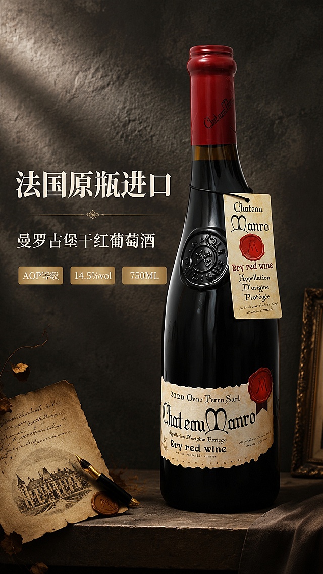 [第1屏] 详情页头图-曼罗成功之笔·古堡干红葡萄酒宣传海报。本屏使用【图1】作为商品主体。
[氛围/风格] 法式轻奢高级氛围感，复古质感，商业摄影质感，参考参考图的大气排版风格。
[元素布局] 葡萄酒瓶置于画面右侧居中，占比约70%；左侧预留标题区域，背景为质感灰色水泥墙面搭配纸质装饰道具；商品瓶身结构、标签设计、瓶盖颜色与输入产品图保持完全一致。左侧主标题区域搭配自然光影，整体层次分明。
[光影质感] 左前方柔主光源，右侧辅光补亮瓶身，自然阴影落在右下墙面，瓶身高光清晰，凸显玻璃质感与红酒深邃色泽。
[配色色系] 全局底色 #222222，主色深灰黑，辅助色红色瓶盖和米黄色标签，文字用米白色，保留经典红黑米黄配色。
[视角构图] 正面平视，产品为绝对视觉中心，阅读动线左侧标题 → 右侧产品 → 底部信息，景深适中。
[文字版式] 版式采用左文右图结构。主标题「法国原瓶进口」，副标题「曼罗古堡干红葡萄酒」，使用温润宋体，左对齐排版；下方三个卖点标签分别标注「AOP等级」「14.5%vol」「750ML」，色块底衬，不遮挡产品主体；文字大小适合手机阅读，清晰可辨。
[比例分辨率] 9:16 竖版比例，4K分辨率，文字清晰可辨，高清画质。
[负向提示词] 瓶身变形，标签文字错乱，颜色偏差，产品模糊，水印，极限词，文字过小，结构错误