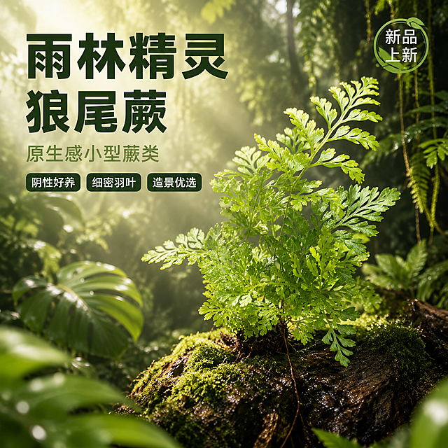 [主图-1] 热带雨林氛围狼尾蕨首图
[氛围风格] 热带雨林自然森系氛围 清新治愈 商业摄影质感
[画质] 超高清商业摄影质感 光线柔和通透 产品清晰真实 画面干净高级 叶片纹理细腻
[元素] 狼尾蕨植株居中偏右放置在湿润的深色苔藓木墩上 成为画面绝对主角 保持狼尾蕨外观（即物理结构 叶片形态 颜色 细密羽状叶片）与输入产品图一致 杜绝任何变形和色差 精细化处理 商品主体占比约65% 背景为热带雨林深处 高大的热带植物叶片虚化作为前景和背景 左侧有大片龟背竹叶虚化 右侧有垂吊的藤蔓和蕨类植物 地面覆盖湿润的深绿色苔藓和枯木 空气中有轻微的丁达尔光效 几缕阳光穿透树叶缝隙洒落 背景层次丰富 前中后景分明 画面满屏无边框
[光影] 自然光从左上方穿透树叶形成丁达尔效应 主光柔和偏暖绿色 叶片受光面透亮有光泽 阴影处有环境光反射 明暗层次丰富 有雨林湿润通透感
[配色] 主色自然绿 深绿浅绿层次丰富 辅色苔藓棕 木色 阳光暖金色
[视角构图] 平视略微仰视 景深较浅 主体清晰 背景虚化突出产品 轮廓完整不裁切
[文字版式] 左上负空间左对齐留安全边距 主标题大字"雨林精灵 狼尾蕨" 深绿色粗体无衬线最大号 副标题"原生感小型蕨类" 约半高 浅绿色 下方三个小标签横向排列 「阴性好养」「细密羽叶」「造景优选」 白字深绿圆角底 右上角落"新品上新"小标识 文字不遮挡主体
[输出要求] 1:1比例 文字清晰可辨 超高清商业摄影质感
[负向提示词] 变形 文字错乱 产品图模糊 背景杂乱 水印 电商平台Logo 多余的手 多余的手指 畸形手