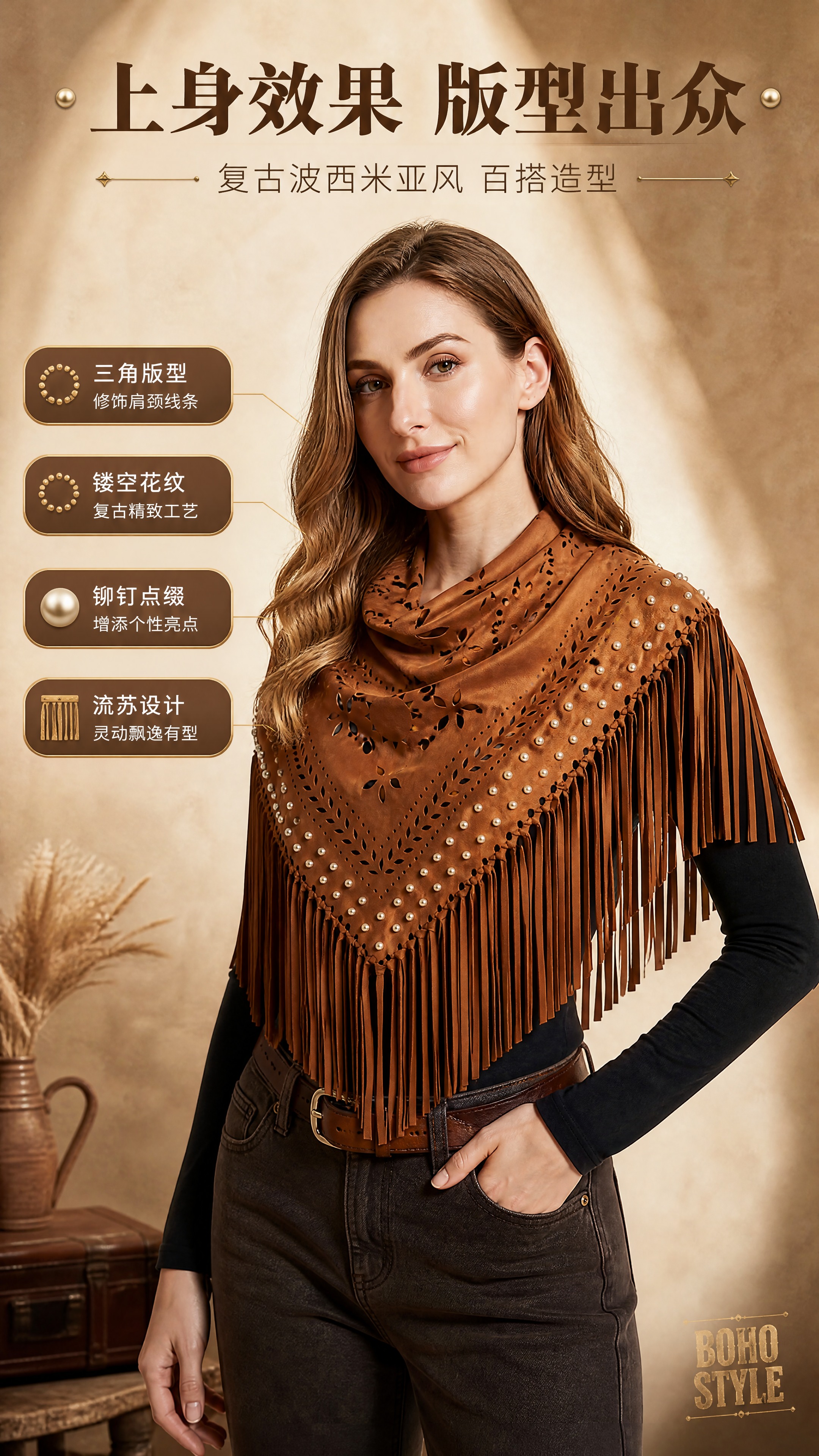 [商品] 使用【图2】【图1】焦糖棕麂皮绒铆钉三角披肩模特上身… - 图片创意预览