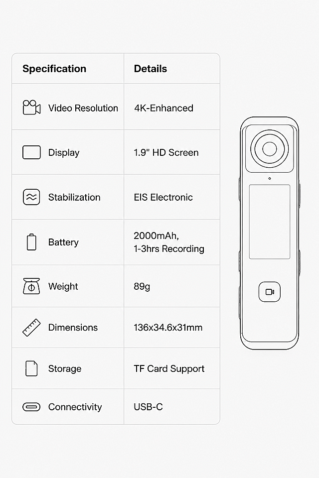 Amazon A+ spec sheet screen, clean two-column table layout on a light gray background, columns labeled "Specification" and "Details" in black sans-serif text. Key specs listed: Video Resolution (4K-Enhanced), Display (1.9" HD Screen), Stabilization (EIS Electronic), Battery (2000mAh, 1-3hrs Recording), Weight (89g), Dimensions (136x34.6x31mm), Storage (TF Card Support), Connectivity (USB-C). Small product outline icon on the right side, minimalist design, easy to read, hyperrealistic, 8K, no clutter.