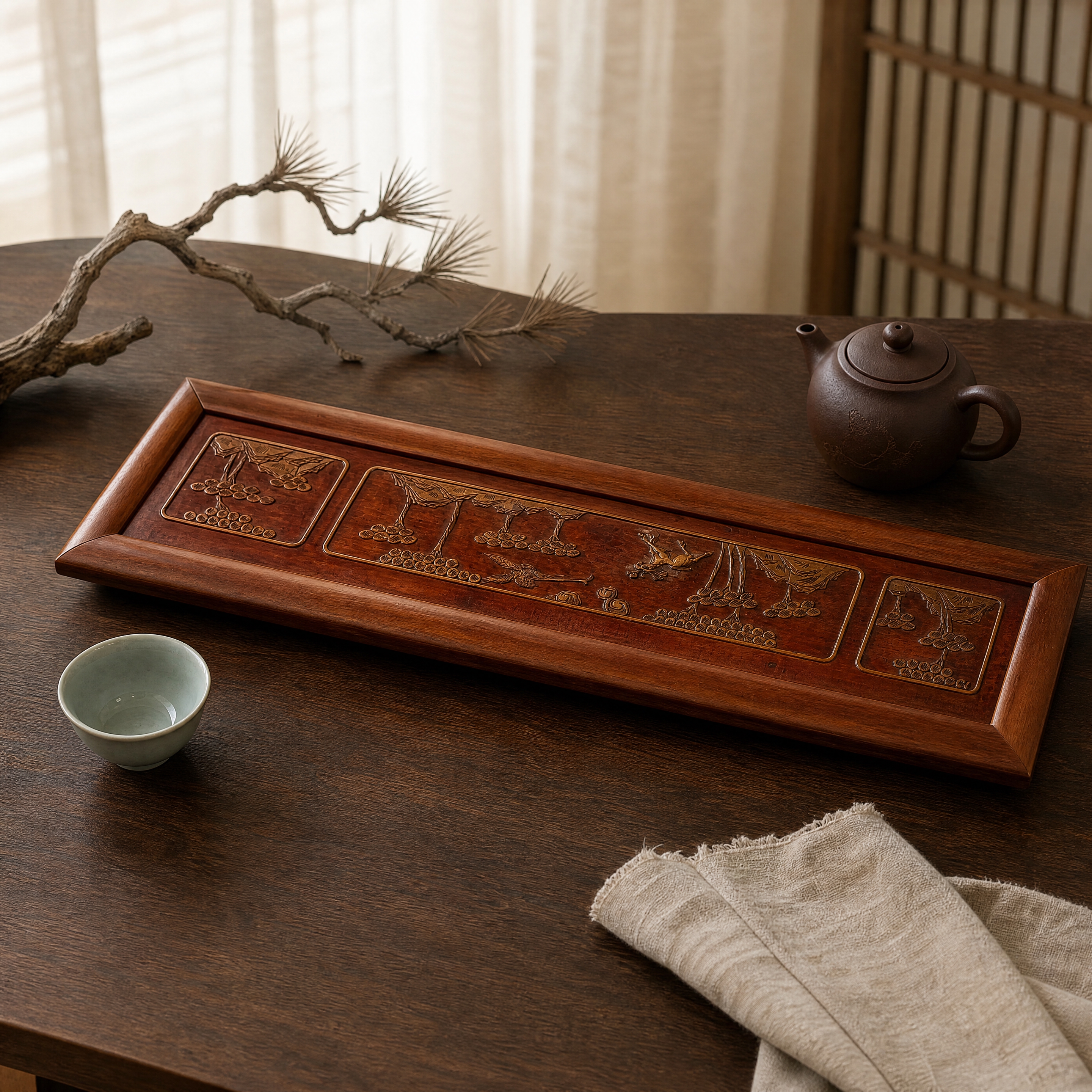 超写实室内静物摄影。 主体：茶盘严格参照上传产品图，完整保留所… - 图片创意预览