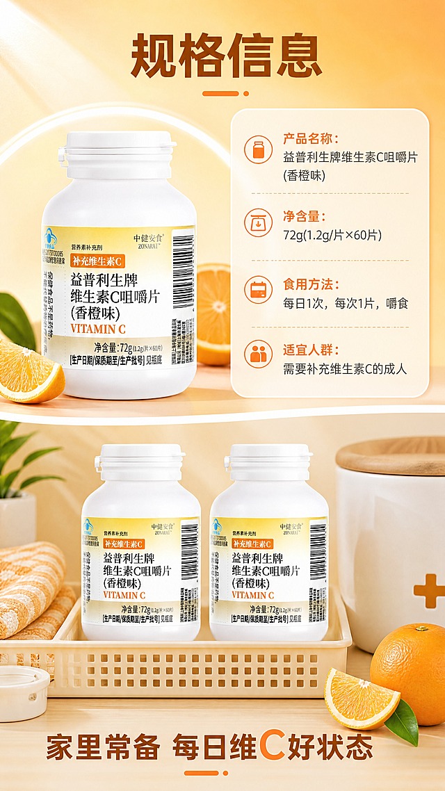 [商品] 使用【图3】益普利生牌维生素C咀嚼片正面瓶身图；保留白色药瓶、黄色标签、蓝帽标志、品牌名、产品名、净含量信息及所有瓶身原有文字；瓶身结构、比例、颜色、材质保持原样。
[画面] 目标：规格信息与收尾页，产品参数清晰+囤货常备氛围。构图：上下结构，上半部分为产品瓶身+规格信息卡，产品居中占画面约40%；下半部分为家庭/桌面收纳场景（两瓶并排陈列+香橙装饰），营造囤货常备感；背景为暖橙渐变+柔和光晕，温馨收尾。阅读动线：从上看产品和规格，向下看囤货场景。
[视觉] 套系策略：风格=国内电商健康营养风，清新活力商业摄影；标题字=现代无衬线粗黑体，圆润有力；正文字=简洁无衬线体；主色=暖橙黄；背景延展=基于暖橙黄做深浅渐变、同色系光晕和细腻柔光质感；强调色=鲜橙色，仅用于小面积图标、引线、标签和高亮关键词；标题色=深橙棕色；正文色=中暖灰色；组件=圆角浅底信息卡、细线引线、圆形icon；光影=左前侧暖柔光，产品右侧有柔和轮廓光，整体明亮通透。
[文字] 上部主标题"规格信息"，下方圆角信息卡内列："产品名称：益普利生牌维生素C咀嚼片(香橙味)"、"净含量：72g(1.2g/片×60片)"、"食用方法：每日1次，每次1片，嚼食"、"适宜人群：需要补充维生素C的成人"；底部收尾语"家里常备 每日维C好状态"；所有文字横向排版，信息清晰，手机端可读。
[规格] 图片比例9:16竖版，4K，避免变形、错字、文字过小、冷蓝/蓝灰背景、瓶身颜色改变、包装文字错乱、绝对化用语、过度促销话术。