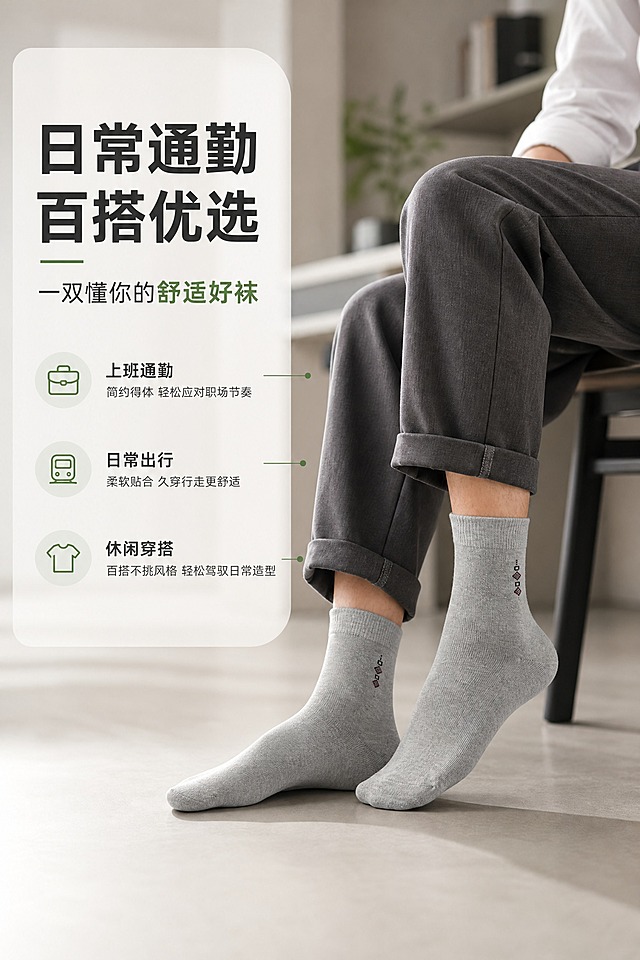 [商品] 使用【图1】浅灰色男士中筒竹纤维袜；商品处理：保留袜子颜色、针织纹理、袜身菱形小标、袜口罗纹、袜跟、袜头和整体版型；自然理顺褶皱，增强竹纤维面料高清细腻质感，不改变任何细节。
[画面] 页面目标：展示日常通勤穿搭与百搭属性，左文右图竖版构图，右侧男士商务休闲穿搭下的腿部与袜子全貌，坐姿或行走姿态，搭配西裤/休闲裤卷起裤脚露出袜子，产品占画面约55%，背景为柔和虚化的现代办公/通勤室内环境。
[视觉] 套系策略：风格=国内电商高级商业摄影，干净通透有质感；标题字=现代无衬线粗黑体；正文字=简洁无衬线体；主色=暖灰+竹青；背景延展=基于暖灰做深浅层级、同色渐变和细腻环境虚化质感；强调色=竹青绿，仅用于小面积图标、引线和重点词高亮；标题色=深炭灰；正文色=中暖灰；组件=圆角浅底信息卡、细线引线；光影=左前侧柔和自然光，自然真实。
[文字] 左侧信息卡主标题「日常通勤 百搭优选」，副标题「一双懂你的舒适好袜」，下方3个场景卖点：上班通勤 / 日常出行 / 休闲穿搭；文字横向排版，不遮挡袜子和腿部主体。
[规格] 图片比例2:3竖版，2K分辨率，medium质量，避免变形、错字、文字过小、袜子颜色改变、纹理失真、冷蓝/蓝灰背景、绝对化用语。