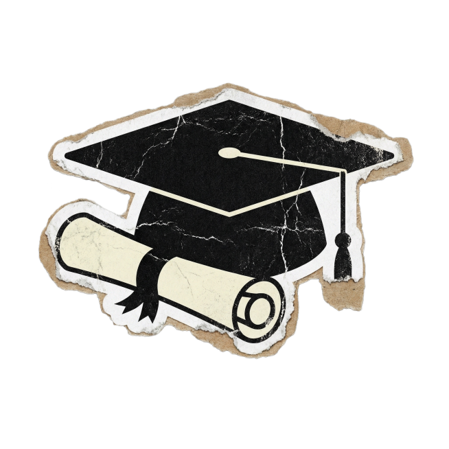 美式复古贴纸设计，黑色学士帽搭配米黄色卷轴毕业证书，边缘做旧毛边效果，背景是密集的黑白报纸文字，色彩对比强烈，街头潮流感，适合社交媒体配图。预览效果