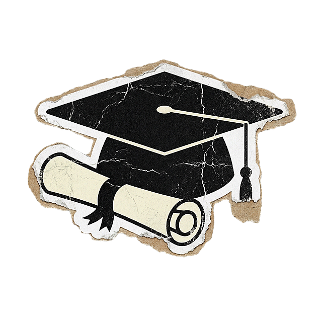 美式复古贴纸设计，黑色学士帽搭配米黄色卷轴毕业证书，边缘做旧毛边效果，背景是密集的黑白报纸文字，色彩对比强烈，街头潮流感，适合社交媒体配图。