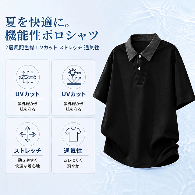 保留第二张海报的所有背景、日文标题、四个功能文字方框不变，只替换右侧的衣服：换成第一张图中那件黑身灰撞色翻领、双白扣V领、宽松弧形下摆的Polo衫，衣服色调贴合浅蓝清凉背景，光影自然，与背景融合协调，整体保持海报原有风格和质感