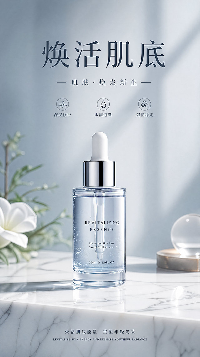 高端护肤品产品海报设计，极简清新风格，画面主体是一瓶精华液放置在大理石台面上，背景是柔和的浅灰蓝色调，顶部有醒目标题"焕活肌底"，整体干净高级，适合美妆护肤品牌宣传，光影柔和自然，分辨率4K