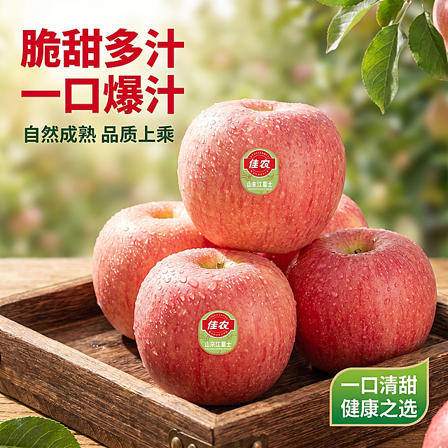 [主图 1] 新鲜红富士苹果首图，突出脆甜多汁食欲感；[氛围风格] 自然新鲜，果园户外氛围，强烈食欲感；[画质] 商业摄影质感、光线柔和通透、产品清晰真实、画面干净高级；[元素] 五颗带水珠的新鲜红苹果堆叠在前方木质托盘上，苹果带水珠，表皮红润鲜亮，保持苹果外观、颜色、贴标与输入产品图绝对一致，杜绝任何变形和色差，精细化处理。背景虚化的苹果园绿叶虚化，自然氛围浓厚，商品主体占比严格控制在70%左右，大图满铺无边框；[光影] 自然暖阳逆光穿透苹果果肉，突出通透果肉纹理，水珠晶莹剔透，立体感强，光影柔和自然；[配色] 主色调红色与绿色，自然清新，视觉冲击力强；[视角构图] 平视俯视，前景清晰背景虚化，景深自然；[文字版式] 左上角负空间左对齐留安全边距，主标题 "脆甜多汁 一口爆汁"红色粗体最大号，副标题 "自然成熟 品质上乘"约半高，深绿色，右下角标签 "一口清甜 健康之选"绿色小标签。文字不遮挡苹果主体，字色和背景对比强烈，清晰易读；[比例分辨率] 1:1比例，2k分辨率；文字清晰可辨，超高清；[负向提示词] 变形，水印，文字错乱，产品图模糊，背景杂乱，文字遮挡主体。
