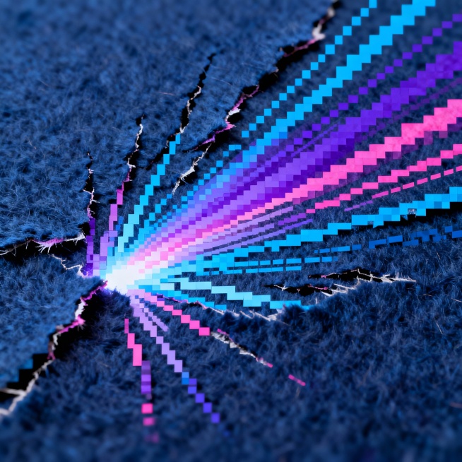 像素撕裂毛毡材质构成的高速运动视觉效果，深蓝色背景上，无数色彩明亮的彩色线条（以蓝色、紫色、粉色为主色调）从画面中心向四周呈放射状快速延伸，线条边缘带有轻微的模糊拖影以强化速度感，色彩渐变自然且具有强烈的光感，整体营造出动态、迅猛、充满能量的氛围，线条排列疏密有致，形成强烈的视觉冲击力和速度张力，毛毡材质的纹理在像素撕裂效果中隐约可见，既有柔软的质感又有锐利的撕裂边缘。预览效果