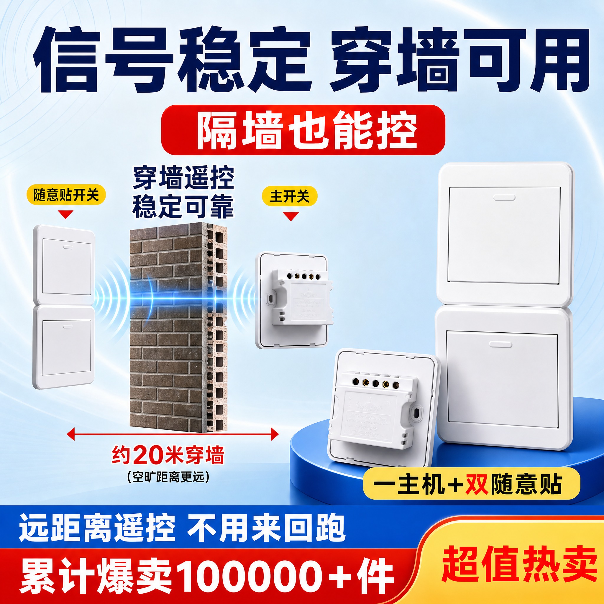 [主图-6] 免布线双控随意贴开关 信号穿墙 远距离遥控展示。… - 图片创意预览