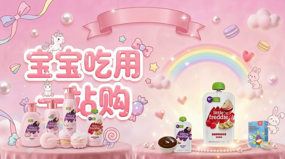 在图片中加入婴儿洗护相关元素，保留现有的宝宝辅食产品，同时保留辅食和洗护两类元素，整体风格保持粉色可爱卡通风，宽度不超过2048px预览效果