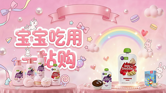 在图片中加入婴儿洗护相关元素，保留现有的宝宝辅食产品，同时保留辅食和洗护两类元素，整体风格保持粉色可爱卡通风，宽度不超过2048px
