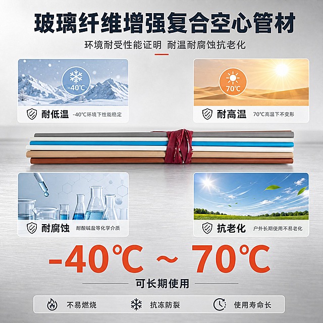 [主图-4] 玻璃纤维增强复合空心管材 环境耐受性能证明 耐温耐腐蚀抗老化。
[统一基调] 1688 B端工业风 浅灰渐变背景配工业台面元素 标题深灰蓝粗黑体 辅助字中灰 强调色橙红色 无衬线字体 细线卡片工业图标 专业稳重。
[画面] 画面中央展示一组多色玻璃纤维管材水平陈列 产品占画面约40% 管材上方和两侧分布四个环境耐受性能的可视化场景小图 左上低温冰雪场景示意-40℃环境 右上高温烈日场景示意70℃环境 左下化学腐蚀液体场景示意耐腐蚀 右下户外风吹日晒场景示意抗老化 每个小图下方有对应性能结论标签 底部有温度范围大字展示。
[光影质感] 工业产品摄影质感 主光均匀柔和 管材表面干净清晰 四个小场景图风格统一为示意性图标化场景 不喧宾夺主。
[配色] 背景浅灰渐变 标题深灰蓝 温度范围数字用橙红色大号字体突出 场景小图用淡彩配色。
[文字版式] 顶部大标题 耐腐蚀抗老化 宽温域适用 画面中央偏下位置用超大号橙红色字体展示 -40℃ ~ 70℃ 下方小字 可长期使用 四个场景小图下方分别标注 耐低温 耐高温 耐腐蚀 抗老化 底部补充说明 不易燃烧冻裂 使用寿命长。
[输出要求] 1:1正方形 2048x2048 文字清晰可读 温度数字醒目 产品清晰 无变形 无错字 无水印 无平台Logo。