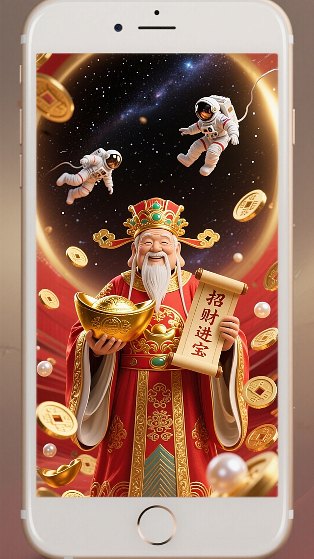 国潮风与未来感交融，3D重拟物设计呈现财神手持金元宝与“招财进宝”卷轴，背景星空宇航员穿梭，鎏金金属质感与梦幻光效营造喜庆科技氛围。