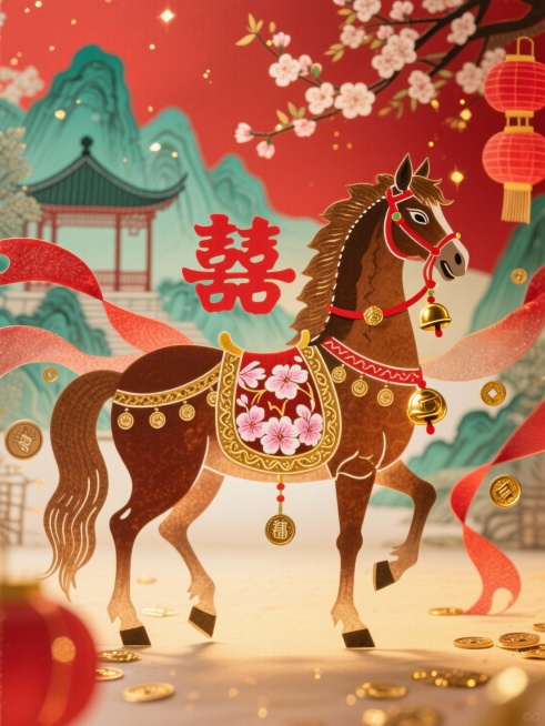 皮影质感，半透明，主体是棕褐皮影骏马（马身饰红色 “喜” 字与粉白海棠纹样，鞍具绣金线福纹，毛发蓬松有光泽），呈静立回眸姿态，颈间系红金铃铛。周身环绕红棕渐变华丽飘带，飘带缀小巧铜钱与金箔，古朴喜庆。预览效果
