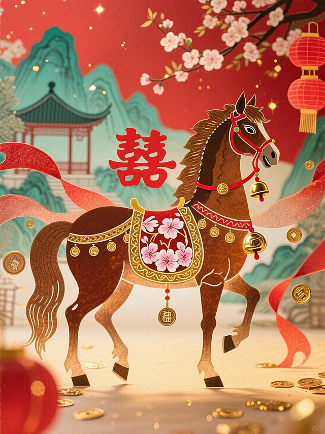喜庆中式插画风，融合撕纸与剪纸元素，卡通马饰以国潮纹样，红金配色尽显节日氛围，轻拟物手法呈现祥瑞迎春之景。