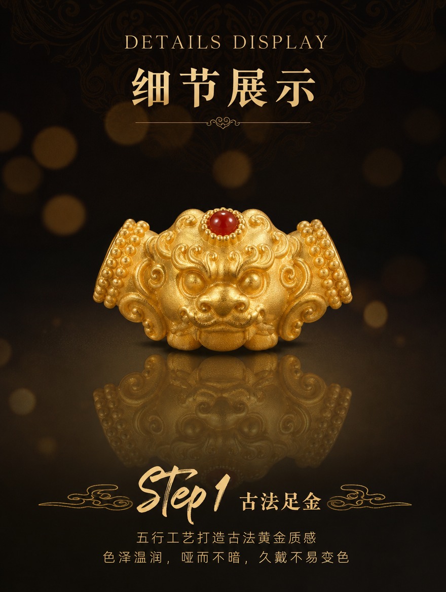 古法黄金瑞兽三通细节展示Step1古法足金页，产品替换为吞金兽… - 图片创意预览