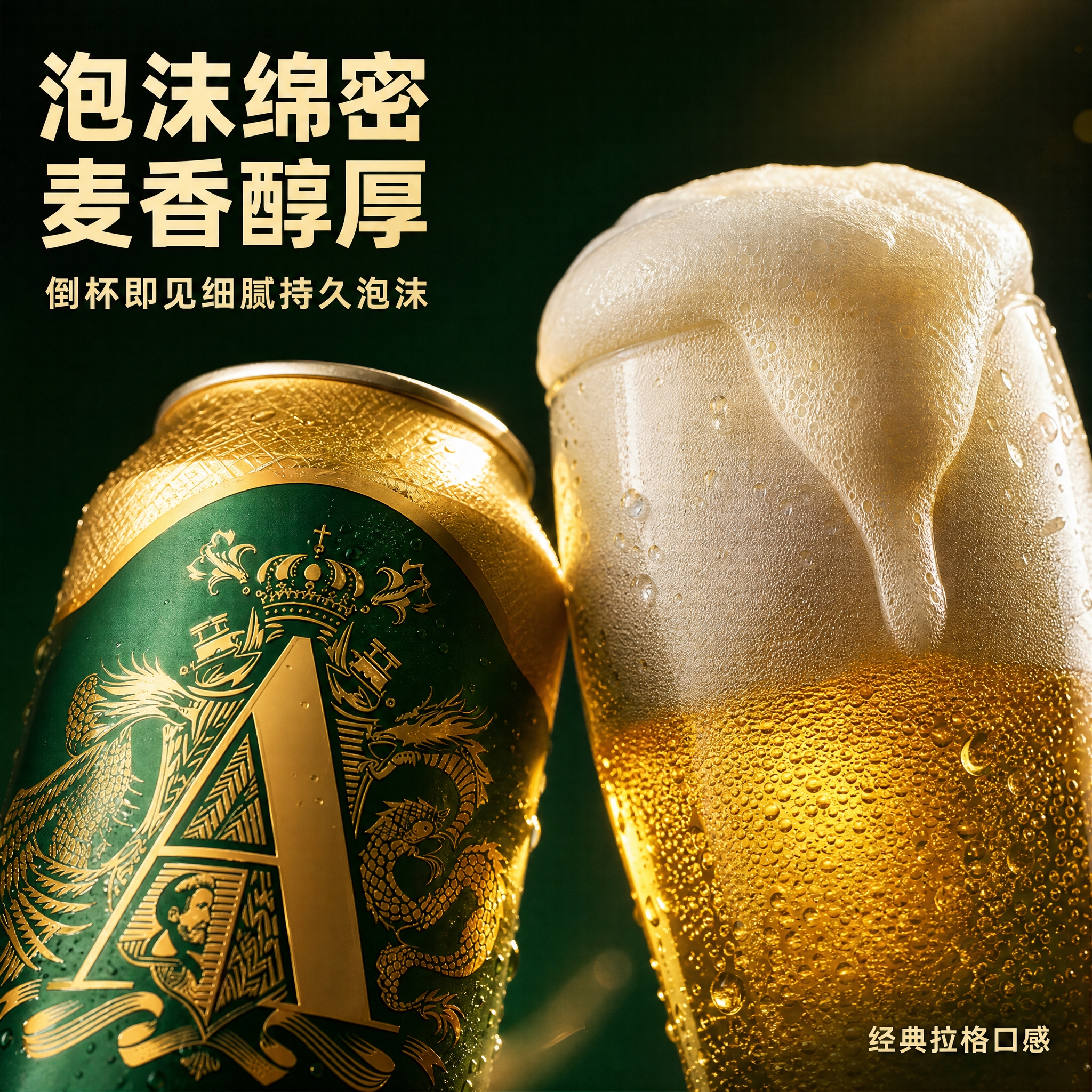 [主图-3] 奥古特拉格啤酒细节特写图，展示罐体质感与倒酒泡沫… - 图片创意预览