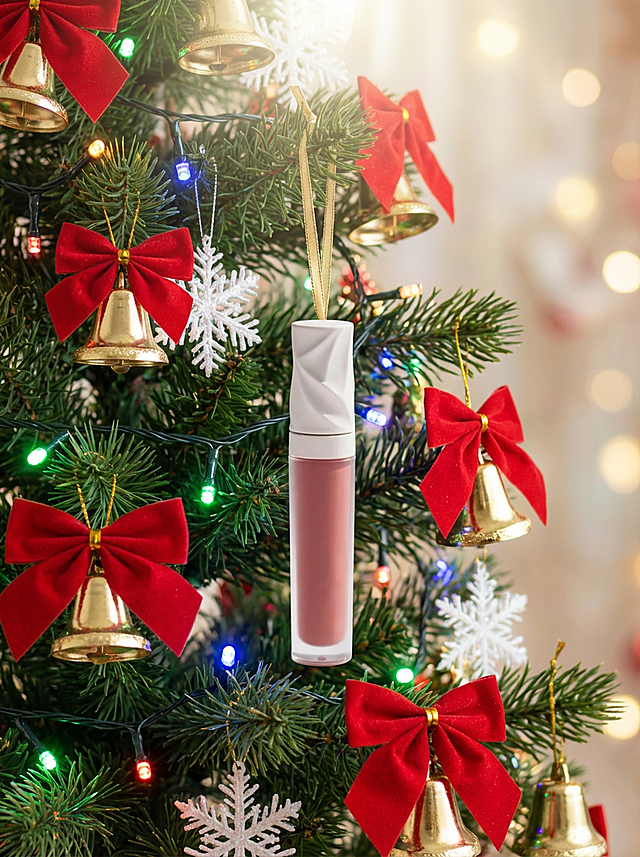 圣诞树上挂饰的唇釉，融合玻璃风与金属质感，轻拟物设计传递喜庆温馨与甜蜜时尚，点亮节日氛围。