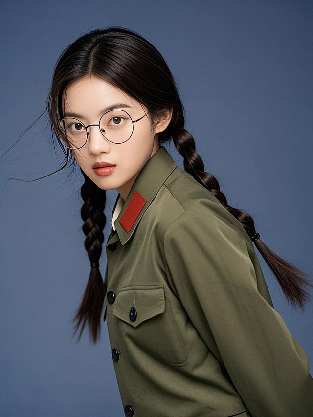 一个长发女生，70年代文艺兵装扮，复古妆容，深蓝色纯色背景，麻花辫