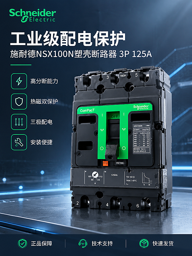 [商品] 使用【图1】施耐德ComPacT NSX100N塑壳断路器3P 125A；保留黑色外壳、绿色操作面板、施耐德品牌Logo、ComPacT字样、NSX100N参数标签、三极结构、操作手柄、脱扣指示、电流调节旋钮等全部外观结构与颜色材质；产品精修，清理灰尘与杂反光，增强外壳质感与绿色面板饱和度，金属端子反光真实，不改变任何结构比例。
[画面] 页面目标：首屏专业头图，建立品牌与产品专业形象。构图骨架：上下结构，上部约40%为标题区+品牌区，下部约60%为产品主体展示区。主体居中偏右，正面微侧30度仰视角，占画面约55%，产品完整不切割。左侧留白放主副标题与核心卖点。左上角放置施耐德电气品牌Logo。背景为深蓝灰渐变工业风背景，带有淡蓝色电路线条光效、微弱网格纹理和底部工业台面倒影，营造高端配电设备氛围。前景点缀少量科技感光斑。
[视觉] 套系策略：风格=工业科技风 专业商业摄影；标题字=硬朗无衬线粗体 字重高；正文字=简洁无衬线体 清晰易读；主色=深蓝灰（#1A2332）；背景延展=基于深蓝灰做深浅渐变、同色系层次、电路纹理和金属质感台面；强调色=施耐德品牌绿（#00A651），仅用于小面积图标、引线、标签底和重点数字；标题色=纯白色；正文色=浅灰（#B8C0CC）；组件=深色半透明信息卡、细绿线引线、圆角图标底；光影=左前侧45度主光 产品边缘高光清晰 底部柔和接触阴影。
[文字] 左上区域主标题：工业级配电保护 （8字），副标题：施耐德NSX100N塑壳断路器 3P 125A （15字）。主标题下方排列4个核心卖点图标+文字：高分断能力、热磁双保护、三极配电、安装便捷。底部通栏小字：正品保障 技术支持 快速发货。文字全部横排，不遮挡产品主体关键部位，移动端可读。
[规格] 图片比例3:4竖版（1500x2000），4K分辨率。避免变形、错字、文字过小、产品结构失真、颜色偏差、悬浮感、水印、平台Logo、绝对化用语。