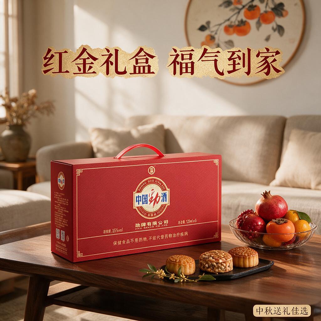 中秋养生酒礼盒场景图，平视微俯视角，浅米色调居家客厅，胡桃木实… - 图片创意预览