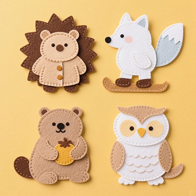 4 个冬季动物上下排齐，背景暖黄底色。元素：穿小棉袄的刺猬、踩滑雪板的北极狐、抱暖果的旱獭、雪鸮，配色暖黄 + 浅棕，纯色背景，软萌治愈。