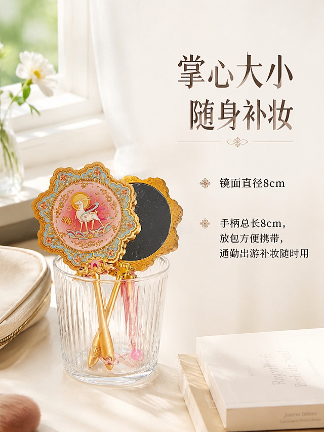 [第7屏] 使用场景-随身便携补妆展示。本屏使用【图3】九色鹿款产品。
[氛围/风格] 生活化场景，温柔氛围感，日常美妆场景摄影。
[元素布局] 化妆镜放置在透明玻璃杯内展示大小，画面左侧产品占约50%，右侧留出文案区域；展示产品实际尺寸，方便把握大小；产品外观颜色与原图一致。
[光影质感] 柔和窗边自然光，通透清新，玻璃反光自然。
[配色色系] 全局底色 #F8F5F0，浅暖底色，清新自然。
[视角构图] 平视生活化场景，自然构图。
[文字版式] 顶部主标题「掌心大小 随身补妆」，右侧分两点：「镜面直径8cm」「手柄总长8cm，放包方便携带，通勤出游补妆随时用」，文字排版清晰。
[比例分辨率] 3:4 竖版比例，width=900 height=1200，4K分辨率，文字清晰，高清画质。
[负向提示词] 产品变形，尺寸夸张，背景杂乱，文字遮挡产品。