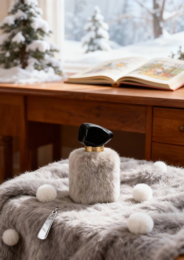 商品变身毛绒质感。摆放在浅灰毛绒毯上，点缀白色毛绒球与银质书签，背景是原木书桌、积雪树木、翻开的绘本，柔和自然光让毛绒质感更细腻。