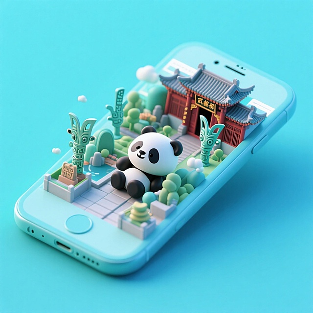 一个手机创意微缩场景，手机平放，侧面对着观众，手机俯视角度，立体的成都景观从屏幕内出来，有熊猫，三星堆，武侯祠，整体色调立体魔幻。青色背景。具有梦幻感,打光营造出柔和氛围强调梦幻和未来感的美学。