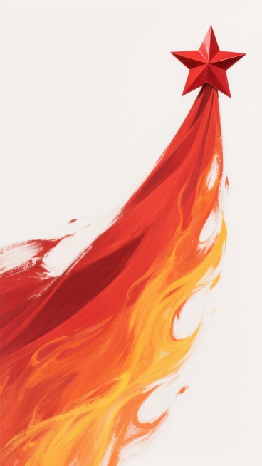 一幅充满力量感与庄严氛围的插画，画面主体是从底部向上延伸、动感十足的红色与橙黄色渐变笔触，色彩从深沉的红逐渐过渡到明亮的橙黄，如同燃烧的火焰或飘扬的旗帜，笔触厚重且富有油画般的肌理质感，边缘带有自然的飞白效果，展现出强烈的动态与层次感。在画面上部偏右的位置，有一颗立体的红色五角星，棱角分明，表面光滑，微微倾斜，仿佛正引领着下方的色彩浪潮，整体构图简洁大气，视觉焦点突出，背景为纯白色，使得主体色……预览效果
