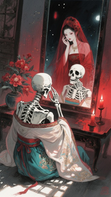 水彩画，俯视视角，明显的光影，光斑，水墨笔触，古风，故事感构图，一个骷髅坐在镜子前，背对镜头，露肩华丽汉服，一只手抚脸，镜子里是一个美丽的女人，画皮故事，诡谲，奇幻，红烛，红纱，花朵，夜晚室内场景，氛预览效果