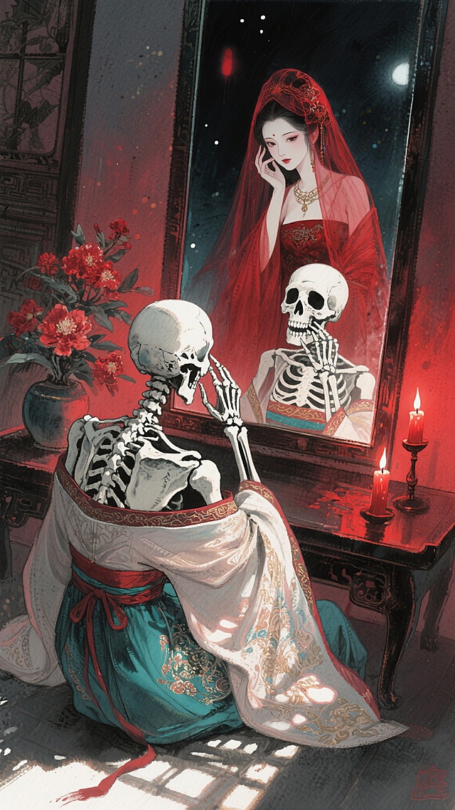 水彩画，俯视视角，明显的光影，光斑，水墨笔触，古风，故事感构图，一个骷髅坐在镜子前，背对镜头，露肩华丽汉服，一只手抚脸，镜子里是一个美丽的女人，画皮故事，诡谲，奇幻，红烛，红纱，花朵，夜晚室内场景，氛围感