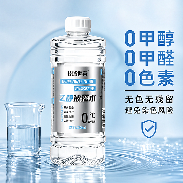生成1:1正方形电商主图，主题为0甲醇0甲醛0色素乙醇玻璃水纯净安全展示。画面中央1瓶透明乙醇玻璃水放在水面涟漪上，旁边放透明玻璃烧杯装有透明液体，浅蓝色简约高级背景。右侧文字：0甲醇0甲醛0色素，无色无残留，避免染色风险。产品瓶身银色标签清晰，水面波光，写实商业产品摄影，光线柔和通透，汽车养护用品。高清2K，产品通透有光泽。
