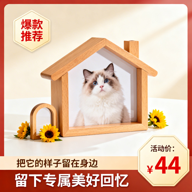 宠物纪念相框电商主图，核心目标是在搜索结果页中一眼抓住用户注意力。顶部核心信息区左上角放置六边形浅米色标签，标签内写红色“爆款推荐”文字，中部商品展示区居中放置原木色小房子造型的宠物相框，相框内嵌布偶预览效果