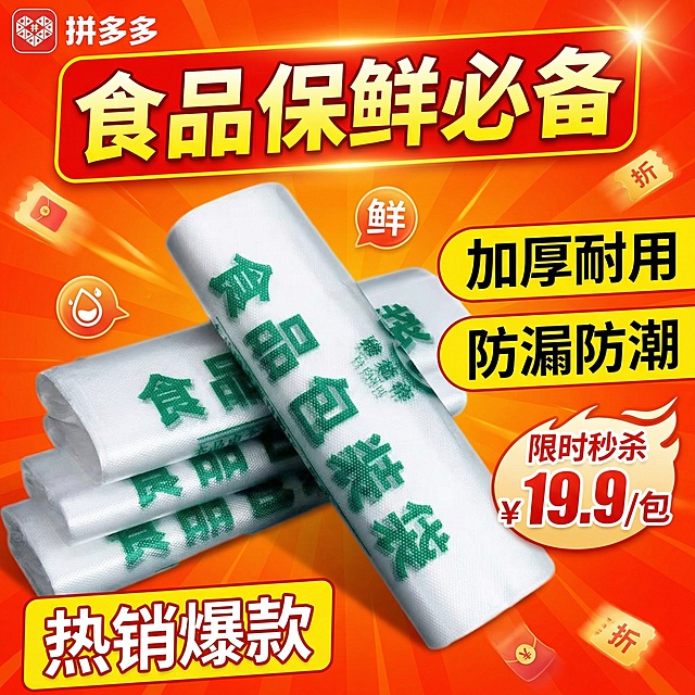 我的产品是食品包装袋，帮我做10张拼多多风格的主图