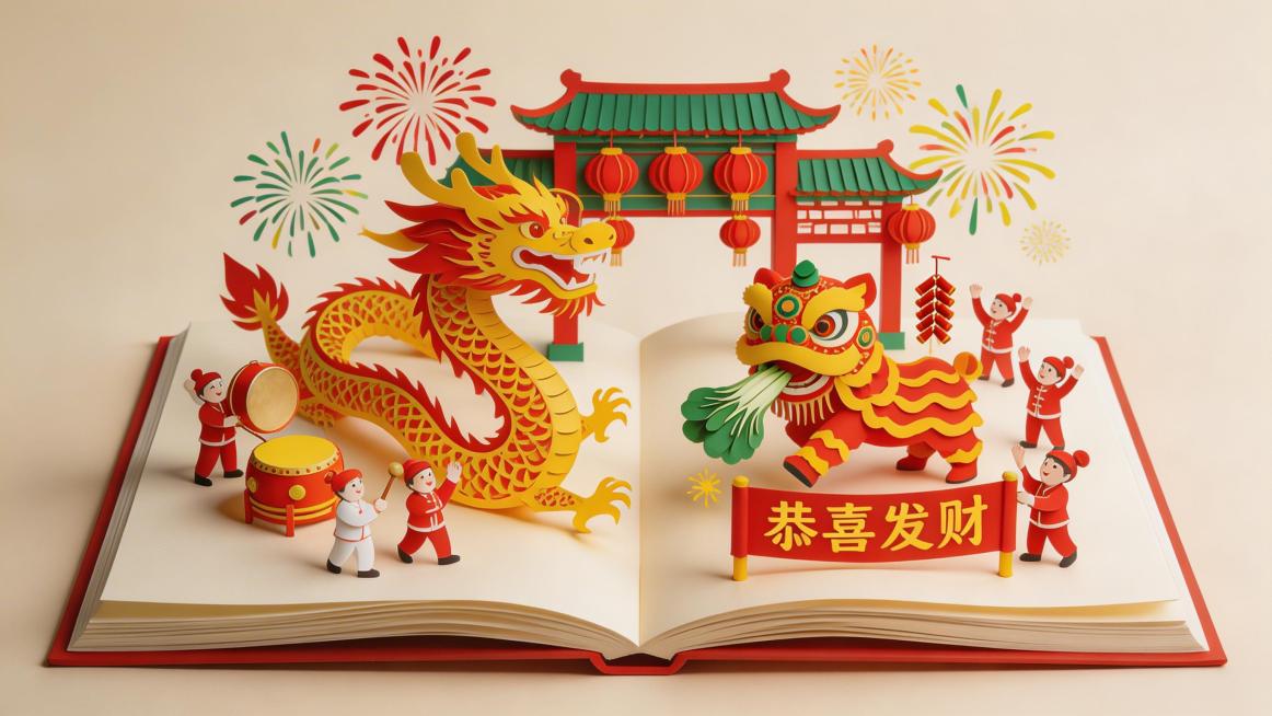 新中式剪纸艺术风格，3D立体书展开效果，核心场景为舞龙舞狮闹新春。整体色调明亮欢快，以大红、明黄、翠绿为主。立体书内雕刻出开阔的广场，一条由剪纸拼接而成的金色长龙在人群中翻腾，旁边是一只色彩鲜艳的醒狮预览效果