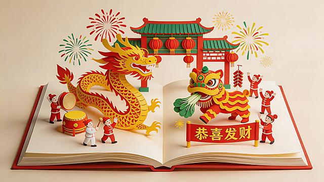 新中式剪纸艺术风格，3D立体书展开效果，核心场景为舞龙舞狮闹新春。整体色调明亮欢快，以大红、明黄、翠绿为主。立体书内雕刻出开阔的广场，一条由剪纸拼接而成的金色长龙在人群中翻腾，旁边是一只色彩鲜艳的醒狮在跳跃采青。周围的剪纸小人欢呼雀跃，有的敲锣打鼓，有的燃放鞭炮，还有的举着“恭喜发财”的横幅。背景是挂满红灯笼的牌楼和绽放的烟花。整体动感十足，剪纸层次感强，充满了节日的狂欢气息，8K高清。