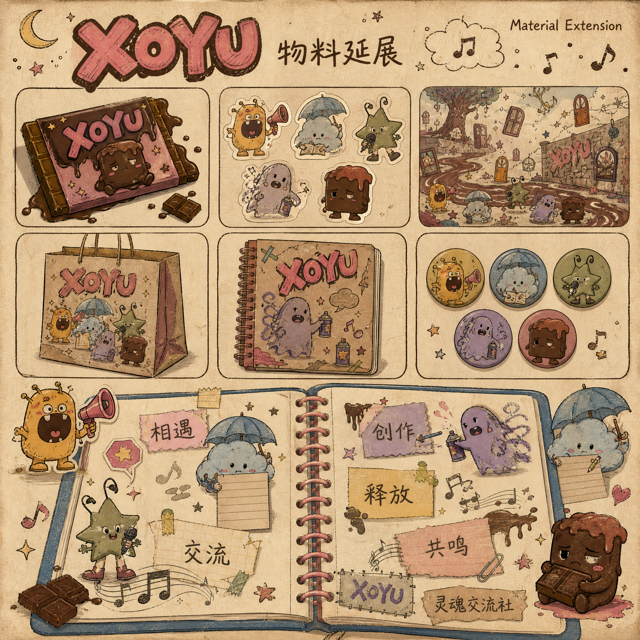 XOYU灵魂交流社物料延展设计图，2D旧插画书风格，复古涂鸦手… - 图片创意预览