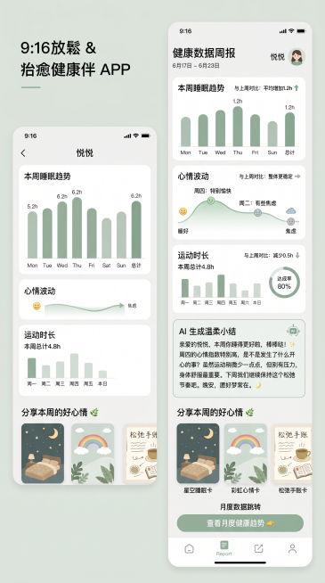 松弛治愈系健康陪伴APP健康数据周报页UI设计，展示本周睡眠趋势预览效果