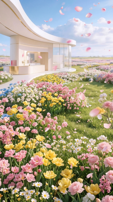 去除图片中的人物和产品展台，保留原图的春日花田、蓝天白云、飘落粉色花瓣的清新背景，保持背景风格完全一致预览效果