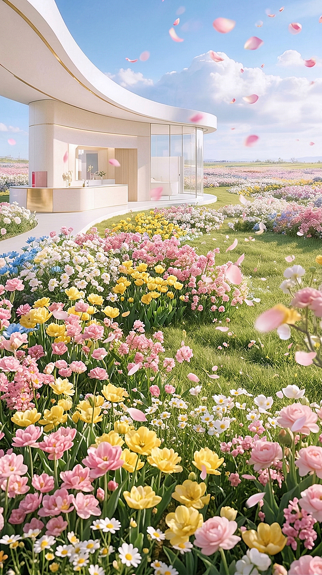 去除图片中的人物和产品展台，保留原图的春日花田、蓝天白云、飘落粉色花瓣的清新背景，保持背景风格完全一致