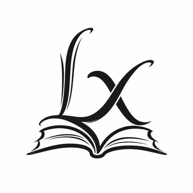 黑色字体，白色背景，干净的背景，创意手写体字体设计两个字"LX"，多字融合为一个整体图形构图，底部搭配翻开的书本图形设计，将字体进行大幅度抽象变形。LX两个字母解构重组与书本结合融合为一个完整logo预览效果